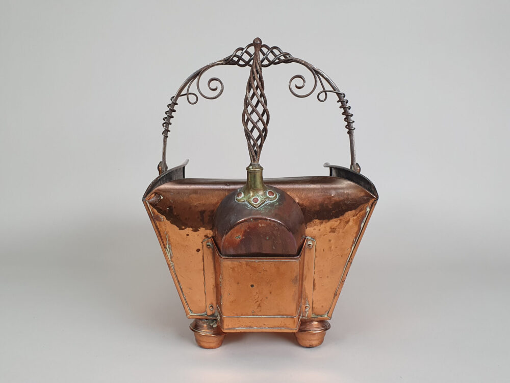 Antique copper Arts & Crafts Coal Scuttle with matching Shovel & Shovel Compartment