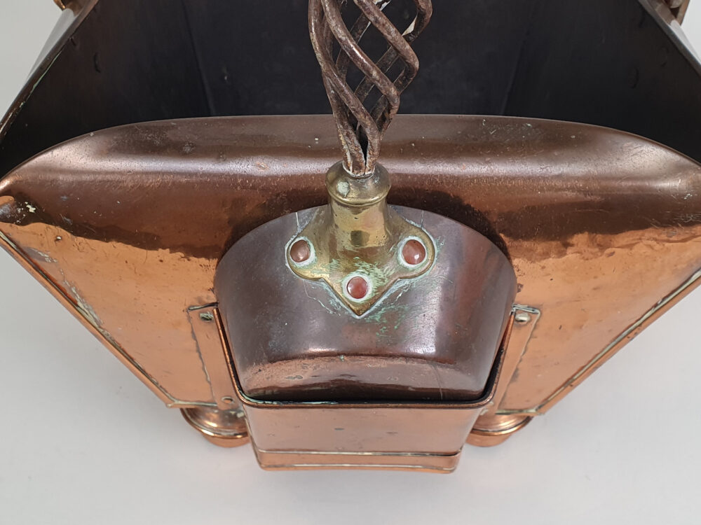 Antique copper Arts & Crafts Coal Scuttle with matching Shovel & Shovel Compartment