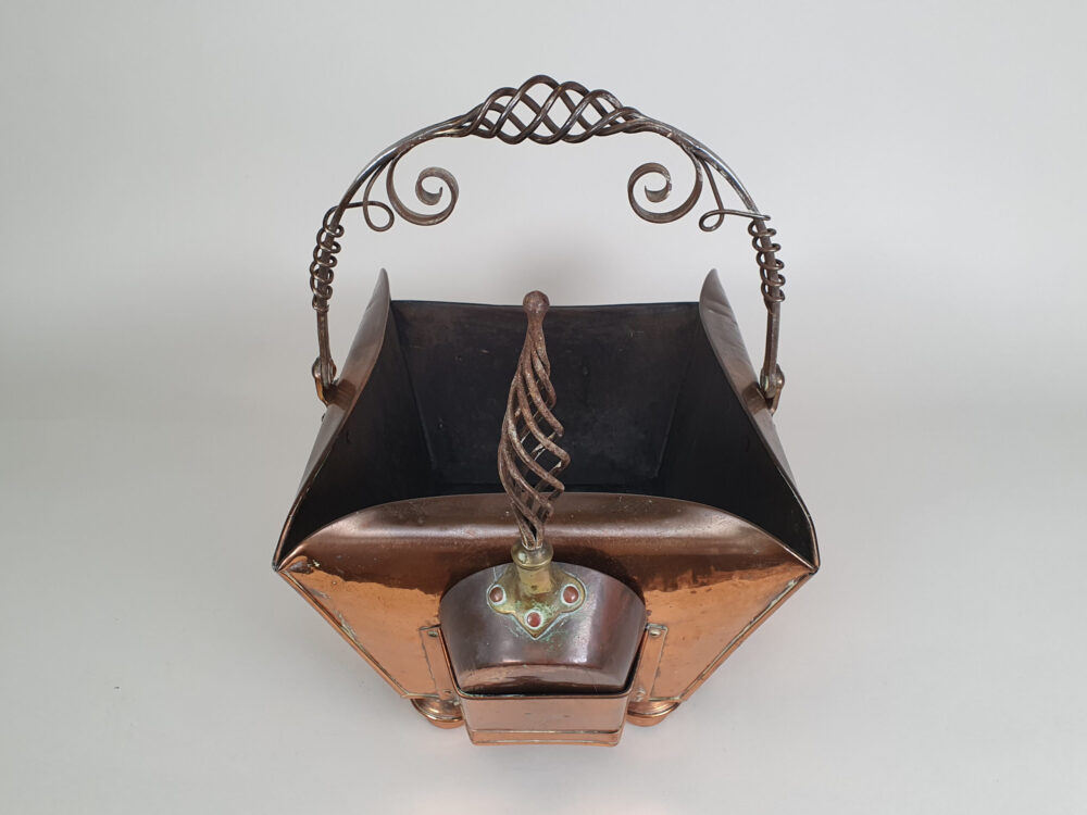 Antique copper Arts & Crafts Coal Scuttle with matching Shovel & Shovel Compartment