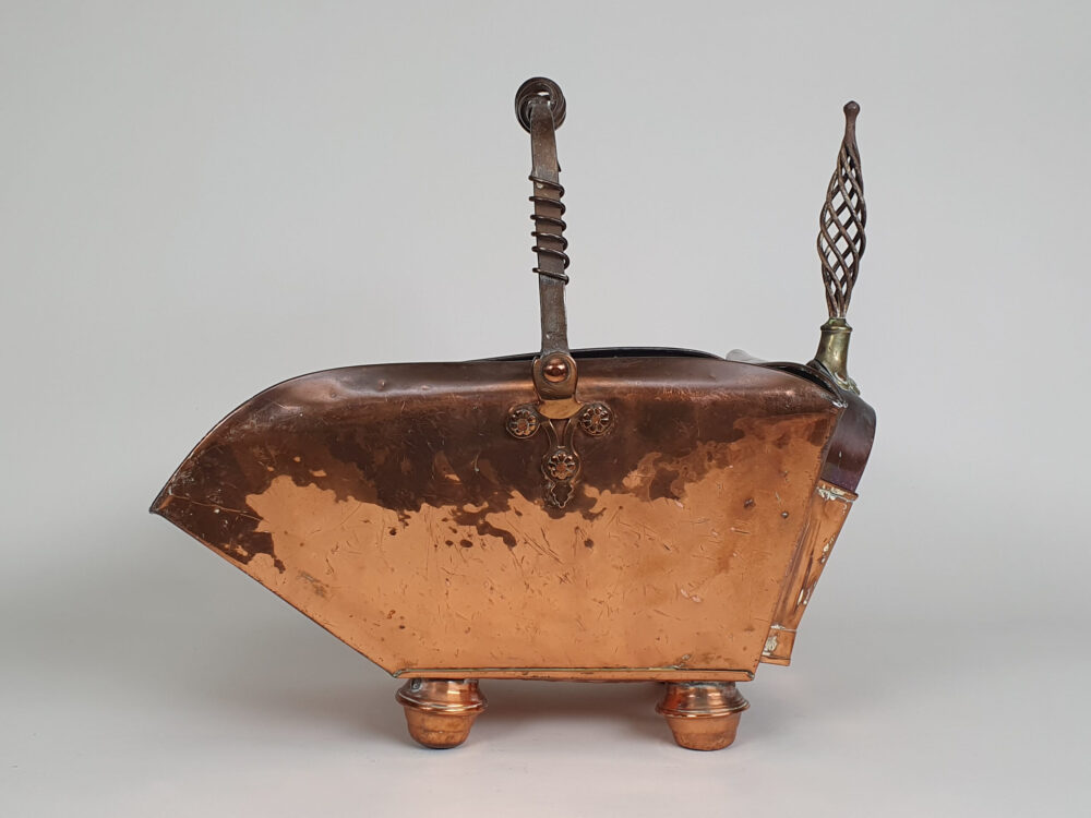Antique copper Arts & Crafts Coal Scuttle with matching Shovel & Shovel Compartment