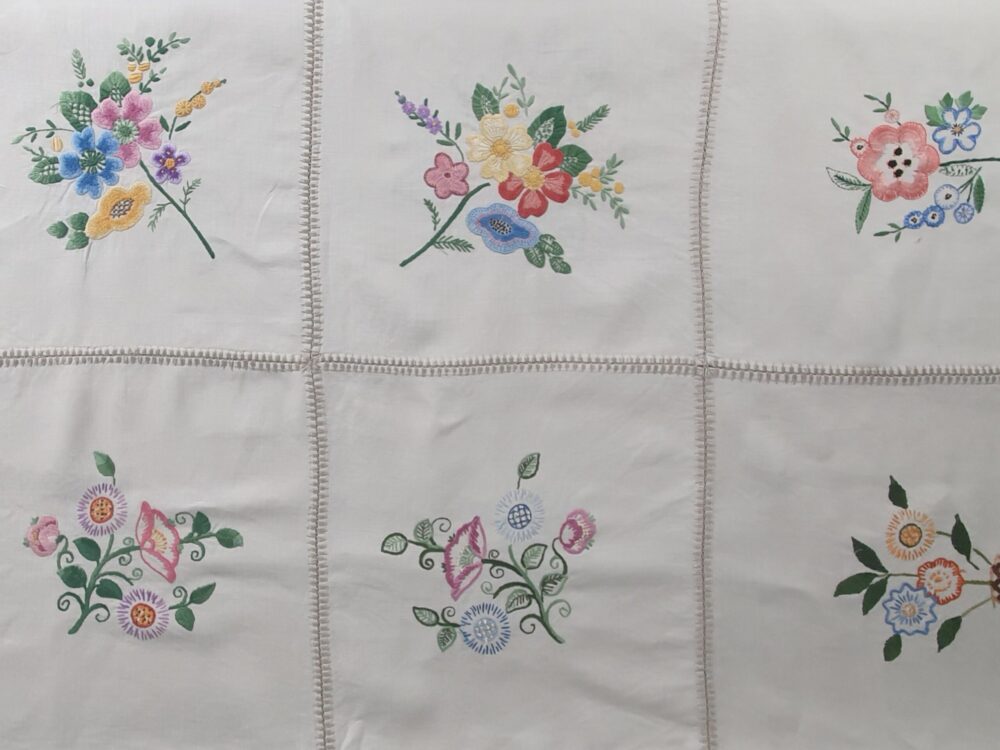 Antique embroidered large floral Tablecloth