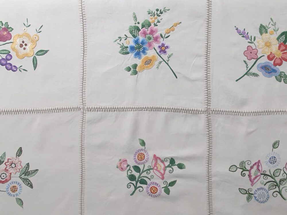 Antique embroidered large floral Tablecloth