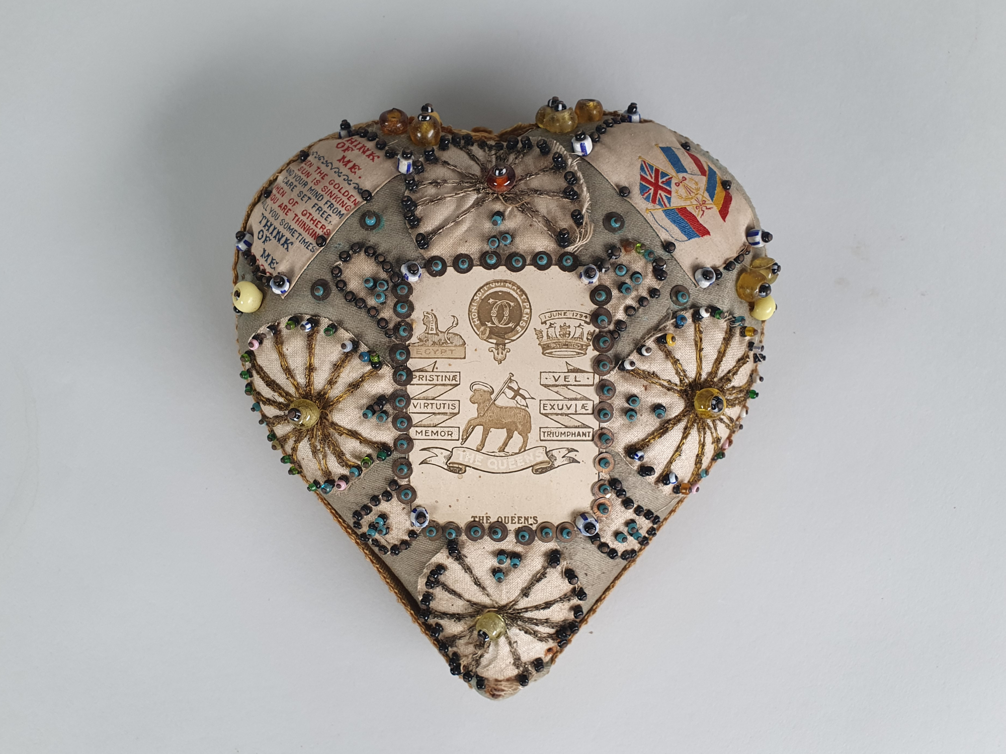 Antique embroidery beaded British Regimental Souvenir Sweetheart Pin Cushion