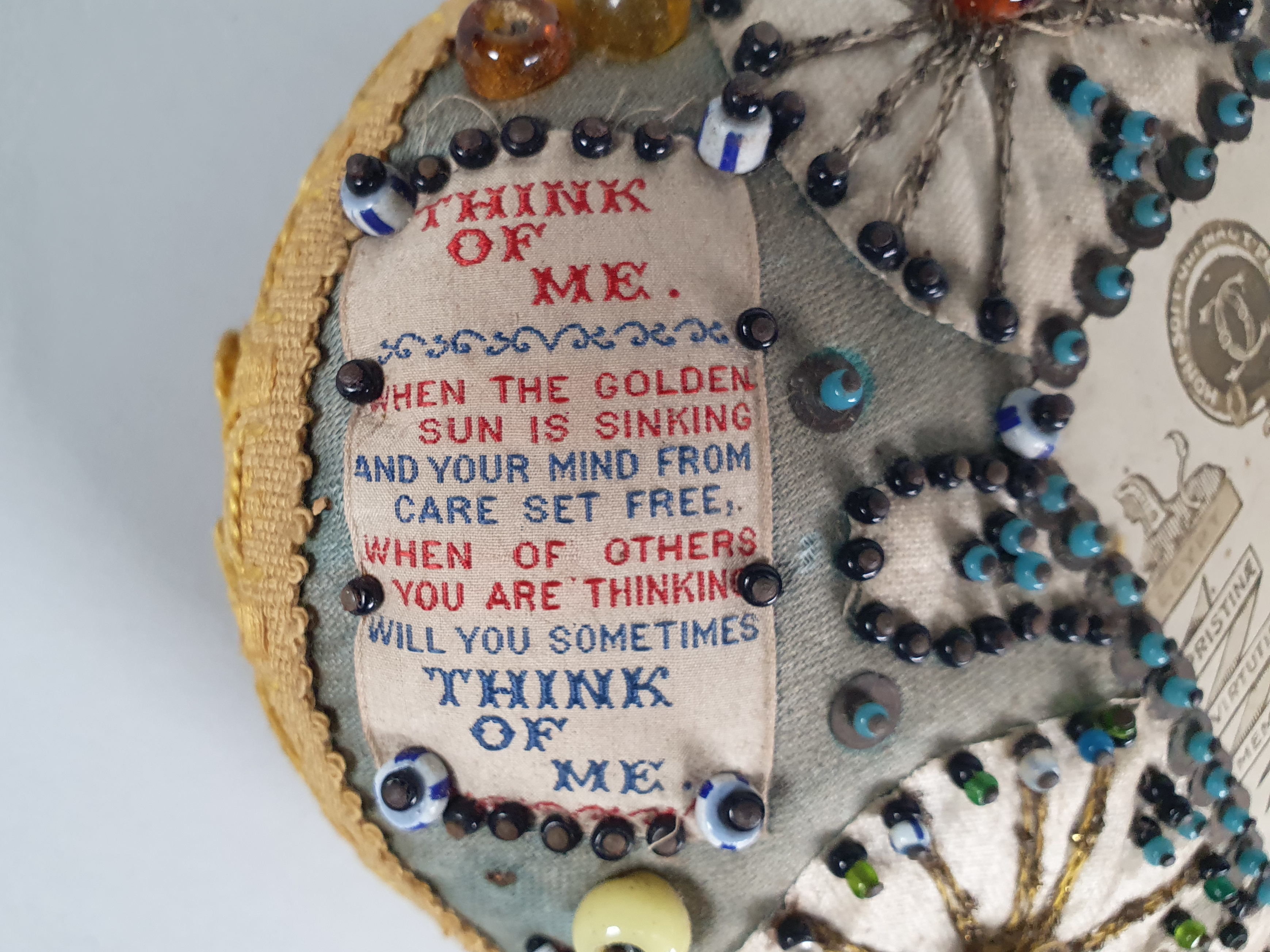 Antique embroidery beaded British Regimental Souvenir Sweetheart Pin Cushion sentimental poem