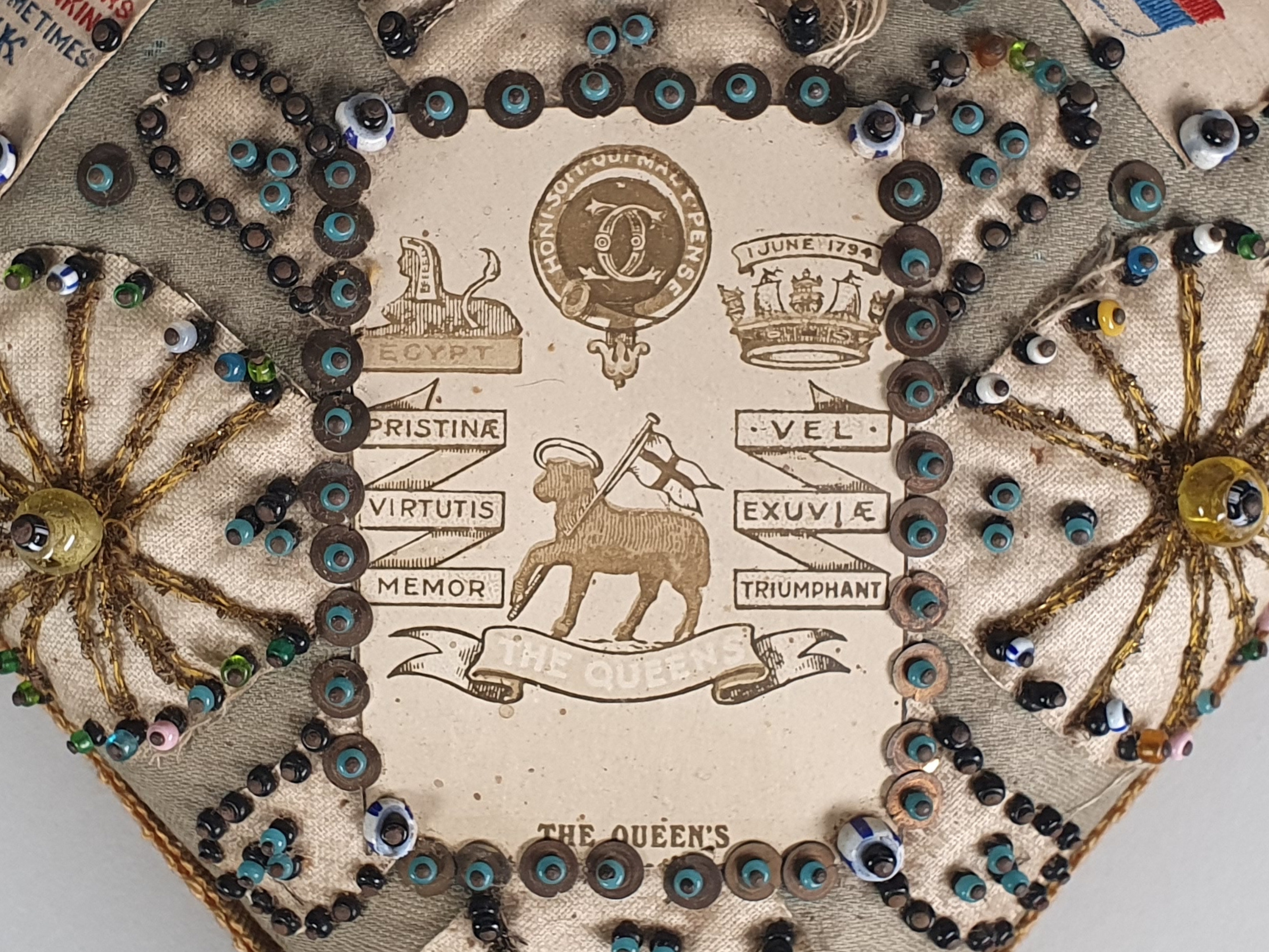 Antique embroidery beaded British Regimental Souvenir Sweetheart Pin Cushion regimental details