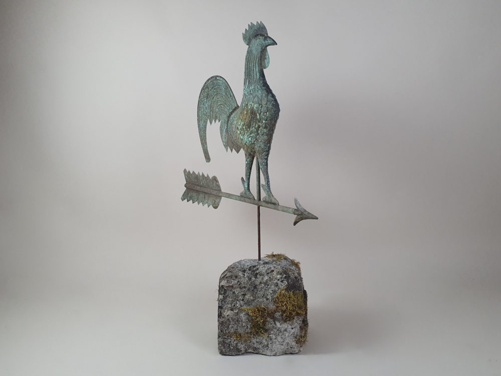 Antique French copper Weather Vane mounted on a stone plinth