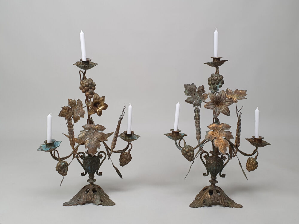 Antique French gilt metal Church Candelabra with a Wheatsheaf & Grape Design