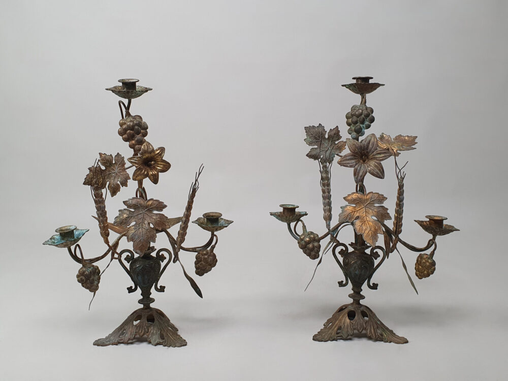 Antique French gilt metal Church Candelabra with a Wheatsheaf & Grape Design
