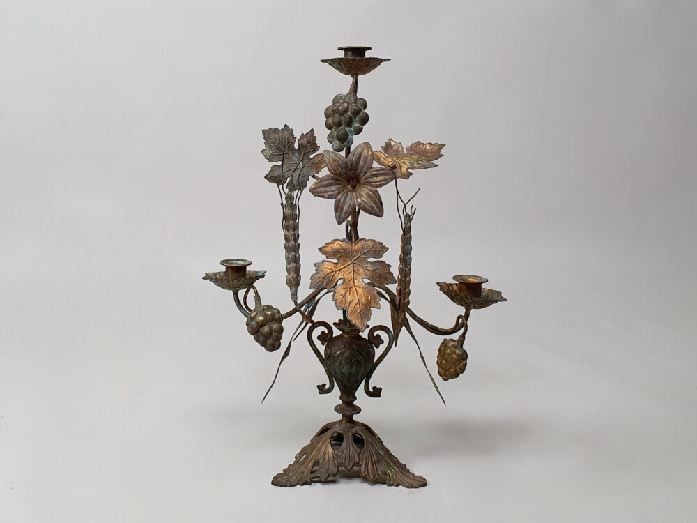Antique French gilt metal Church Candelabra with a Wheatsheaf & Grape Design