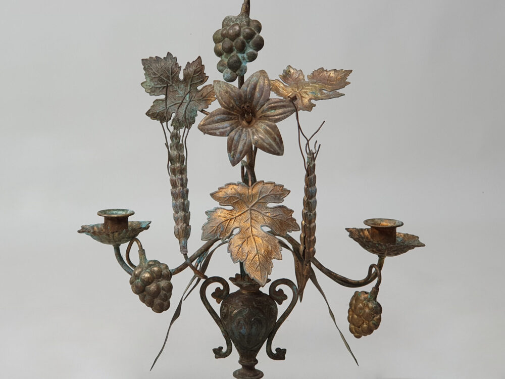 Antique French gilt metal Church Candelabra with a Wheatsheaf & Grape Design