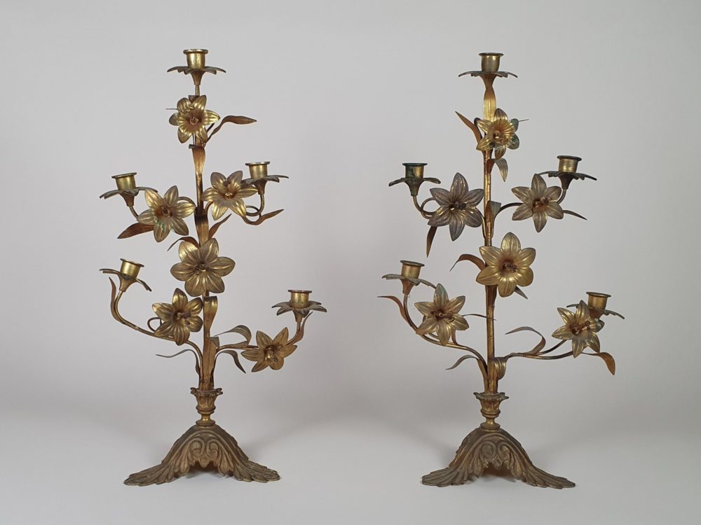 Antique French gilt metal Church Candelabras in a floral design