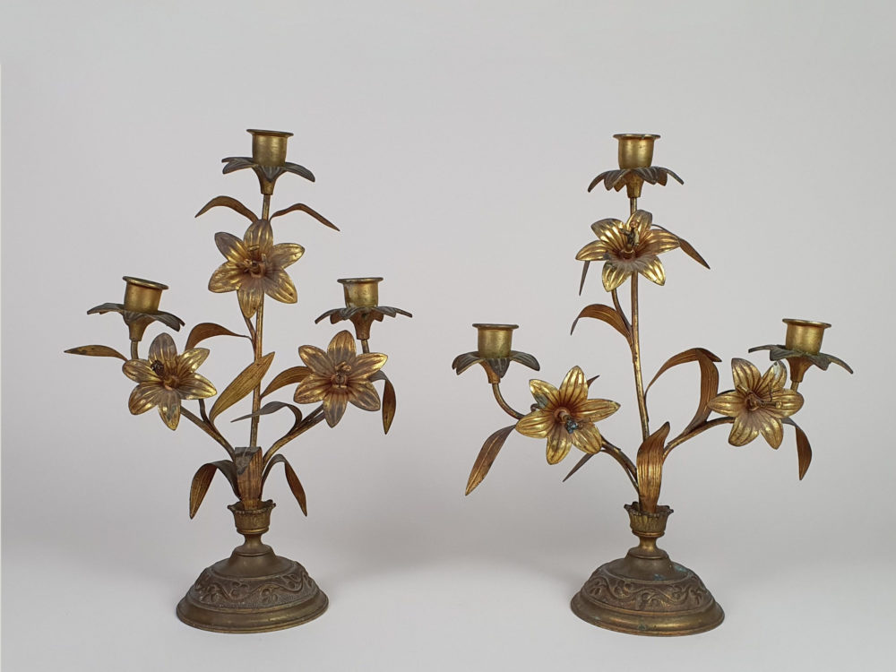 Antique French gilt metal Church Candelabras in a floral design