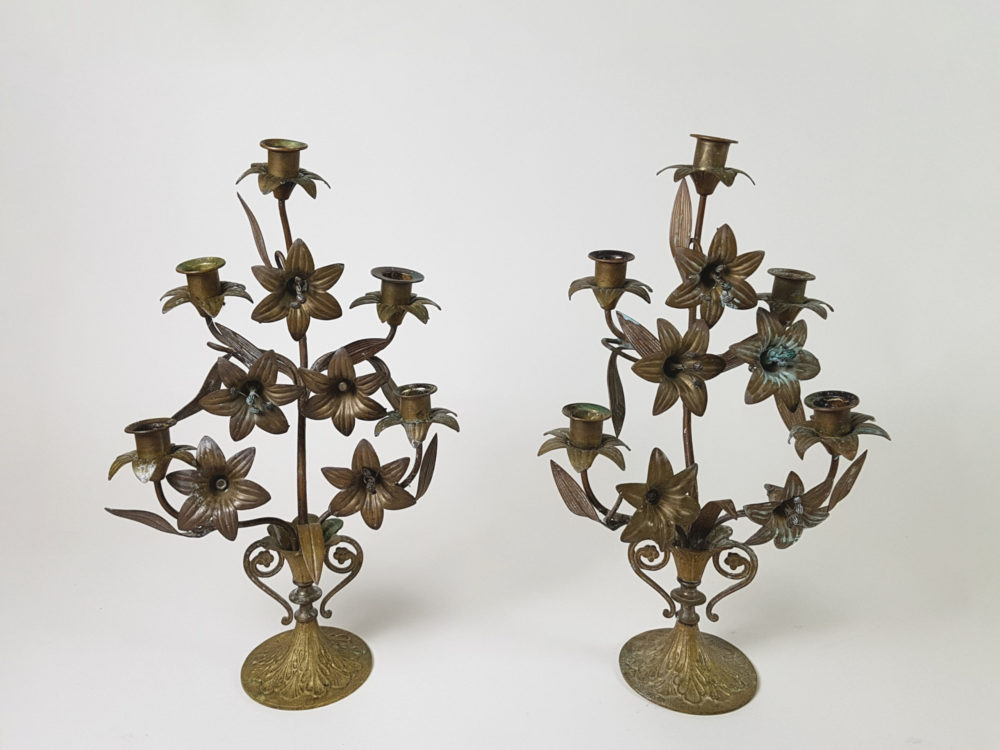 Antique French gilt metal Church Candelabras in a floral design