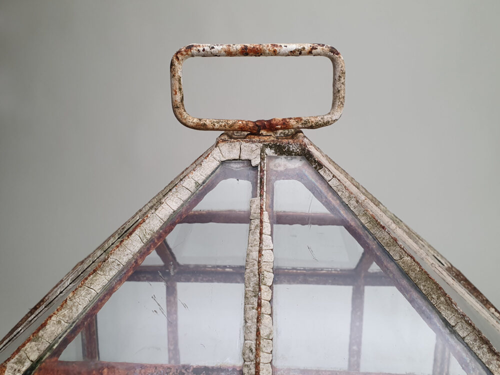 Antique garden cast iron and glass pyramid top Cloche