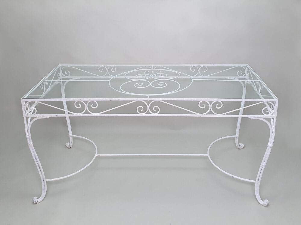 Antique garden Dining Table with glass top & 6 Chairs in old white paint
