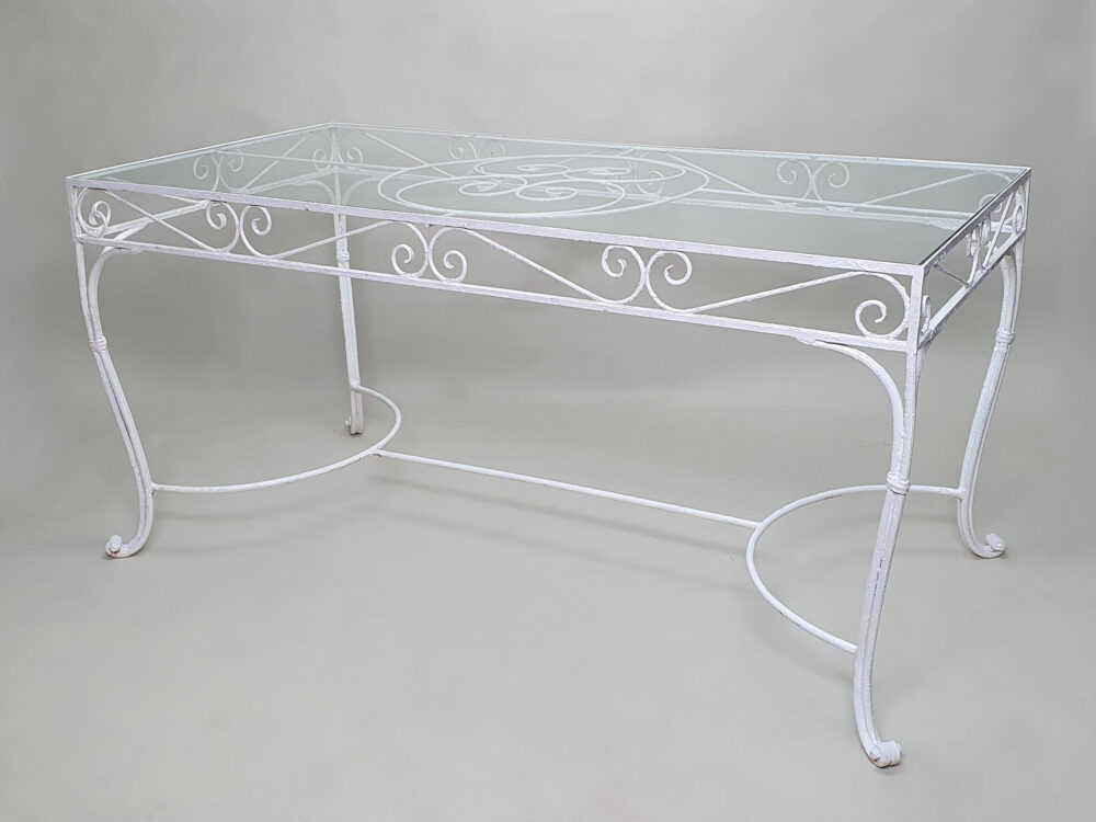 Antique garden Dining Table with glass top & 6 Chairs in old white paint