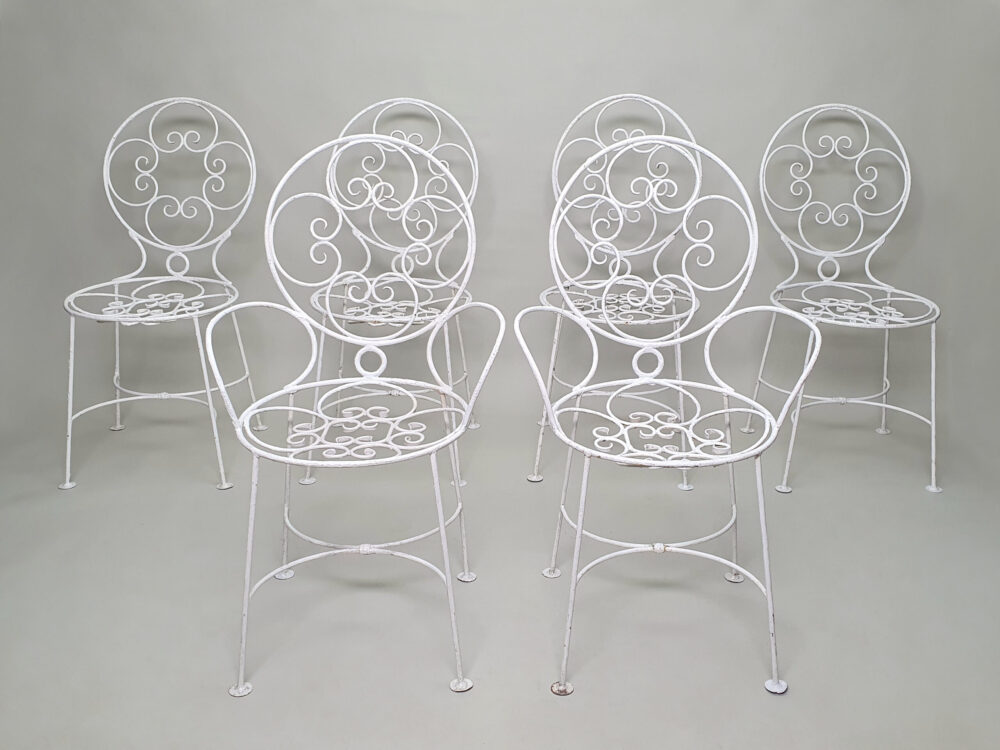 Antique garden Dining Table with glass top & 6 Chairs in old white paint