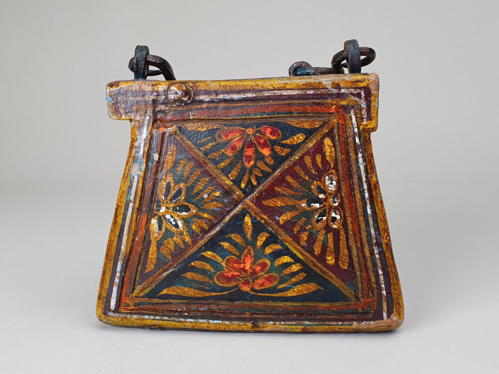 Antique hand painted folk art wooden handbag
