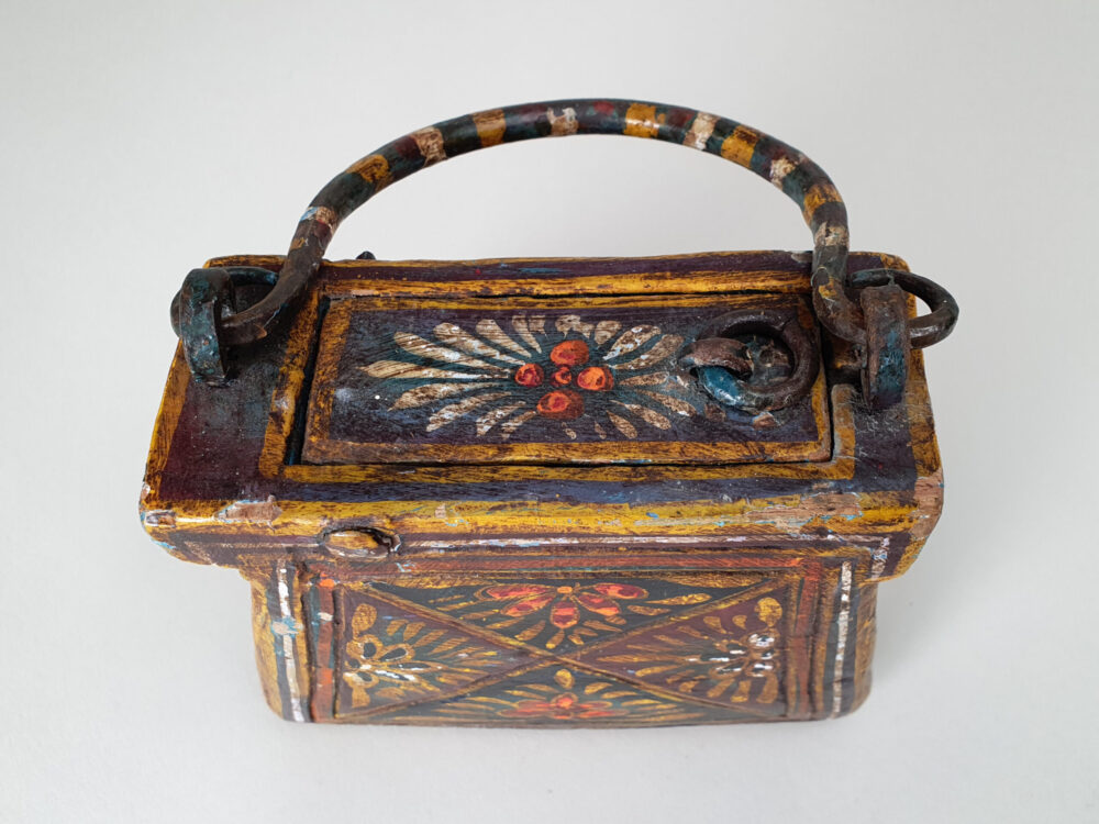 Antique hand painted folk art wooden handbag