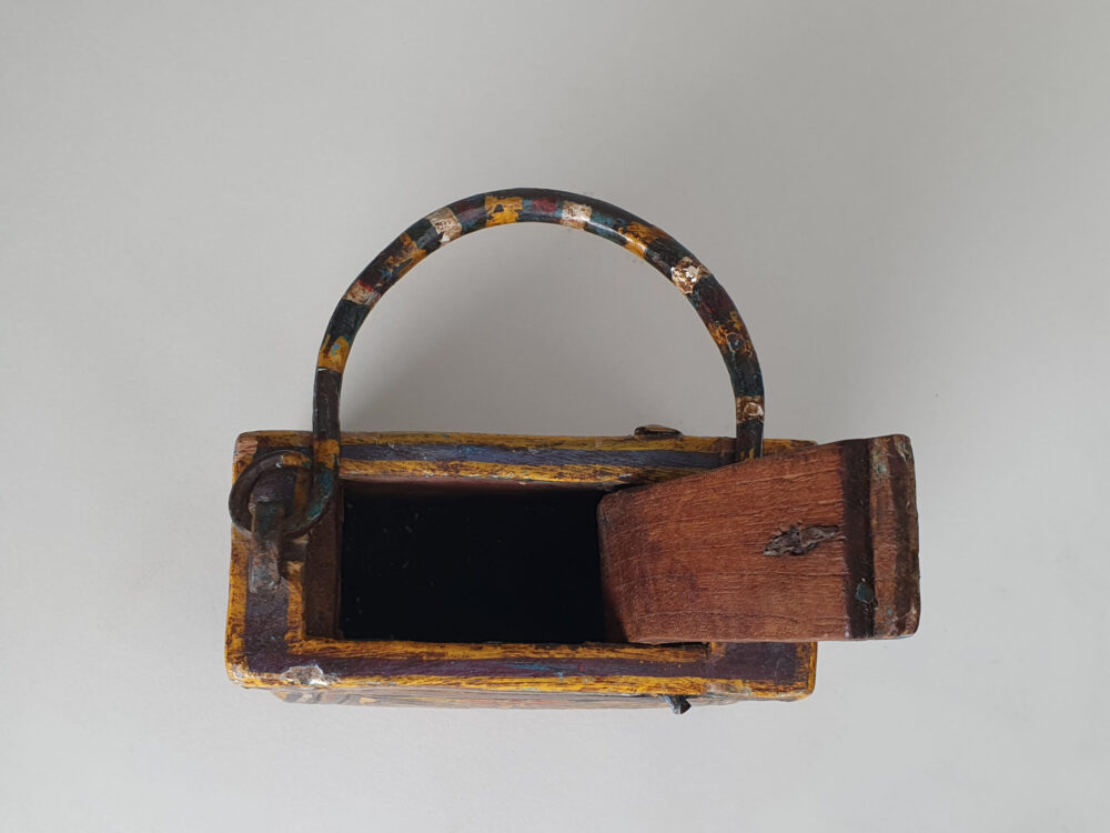 Antique hand painted folk art wooden handbag