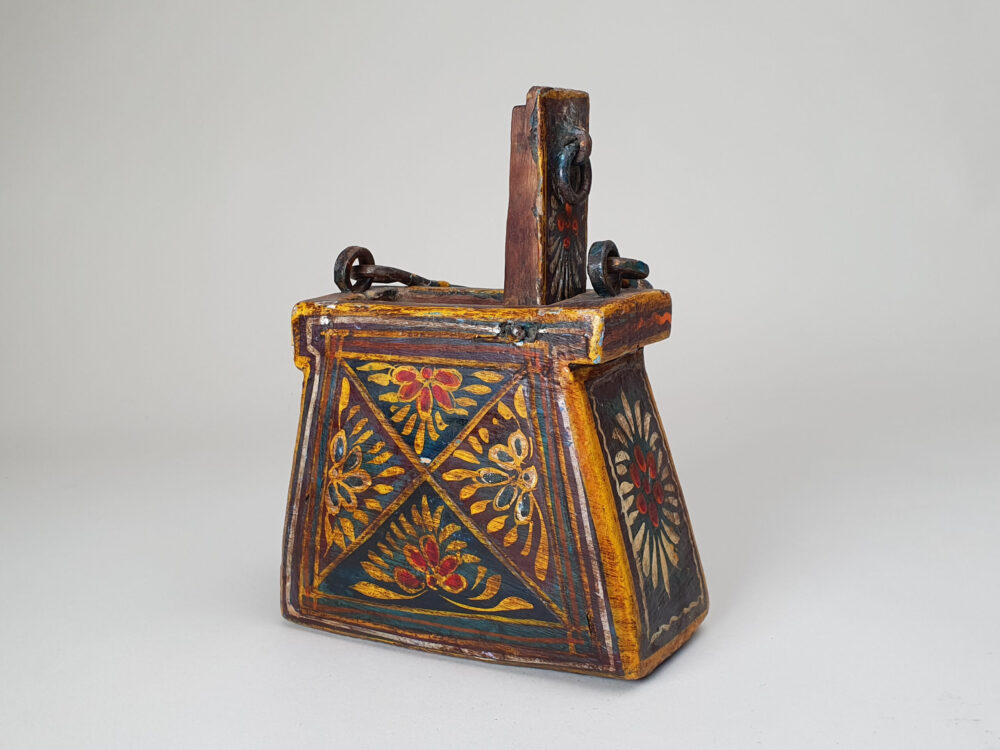 Antique hand painted folk art wooden handbag