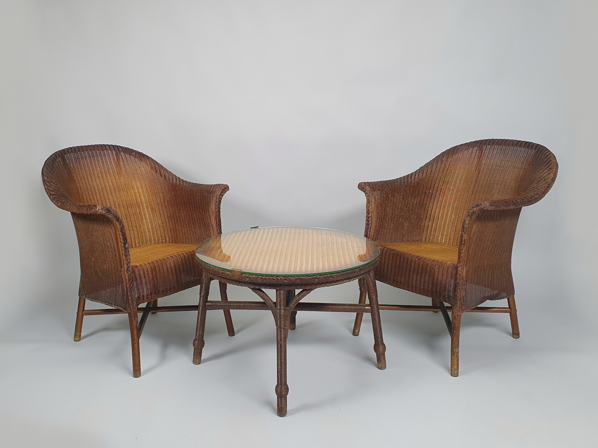 Antique Lloyd Loom Armchairs & Table, Original Paint, 1938