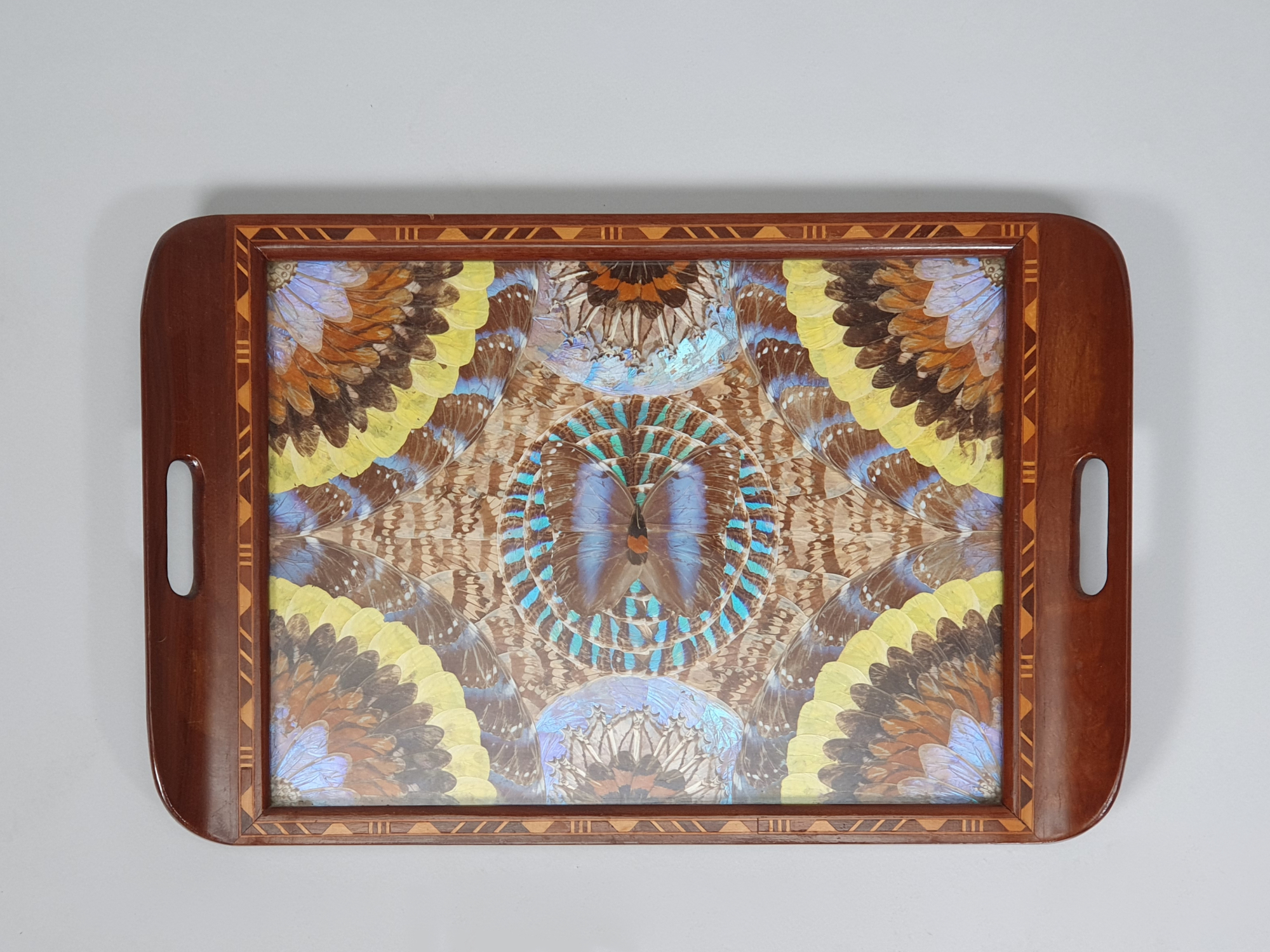 Antique Mahogany Butterfly Wing Tray with Geometric Inlay, Brazil Circa 1940