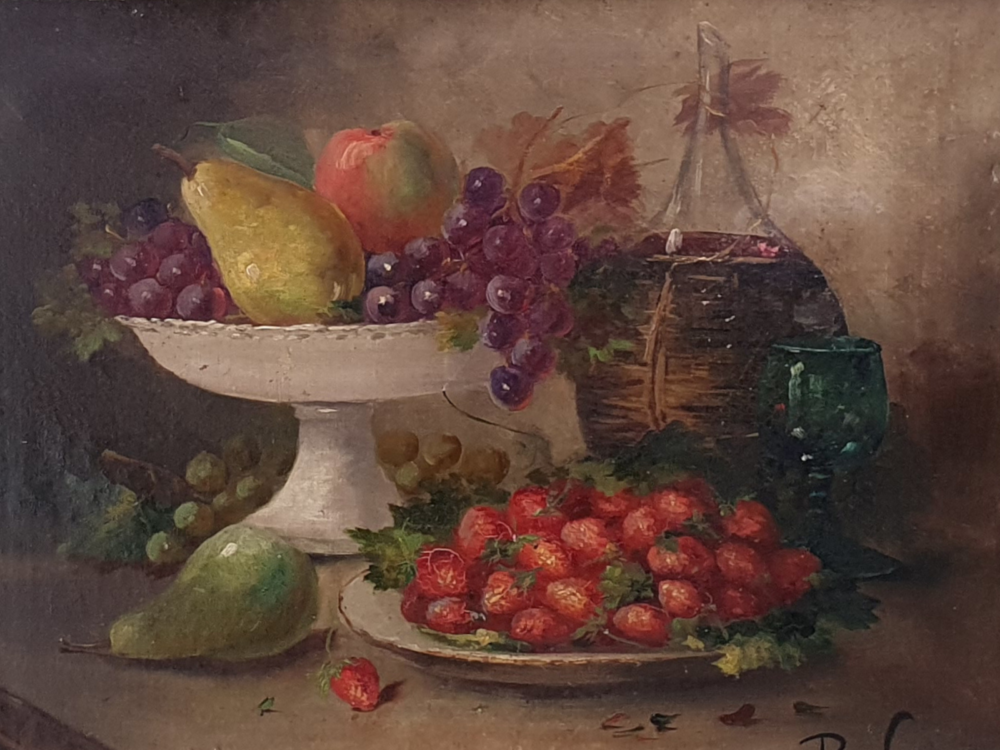 Antique oil Painting - 19th century French Still Life with fruit and wine