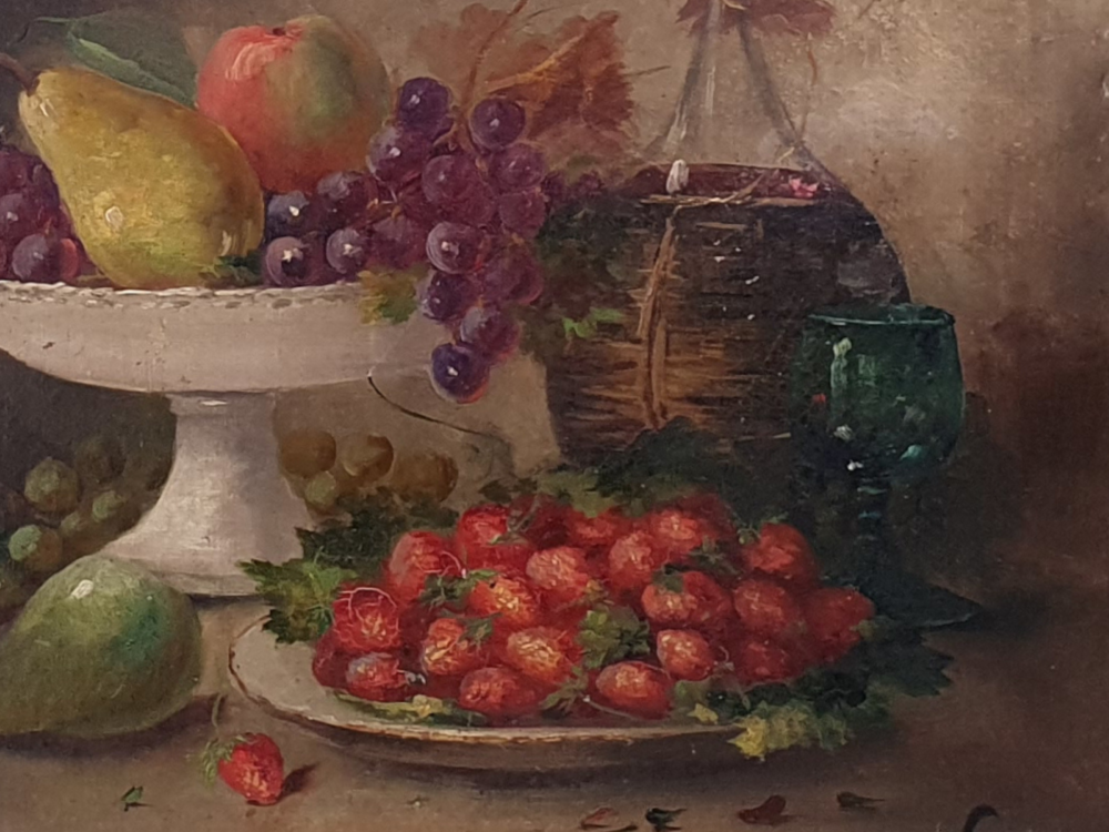 Antique oil Painting - 19th century French Still Life with fruit and wine