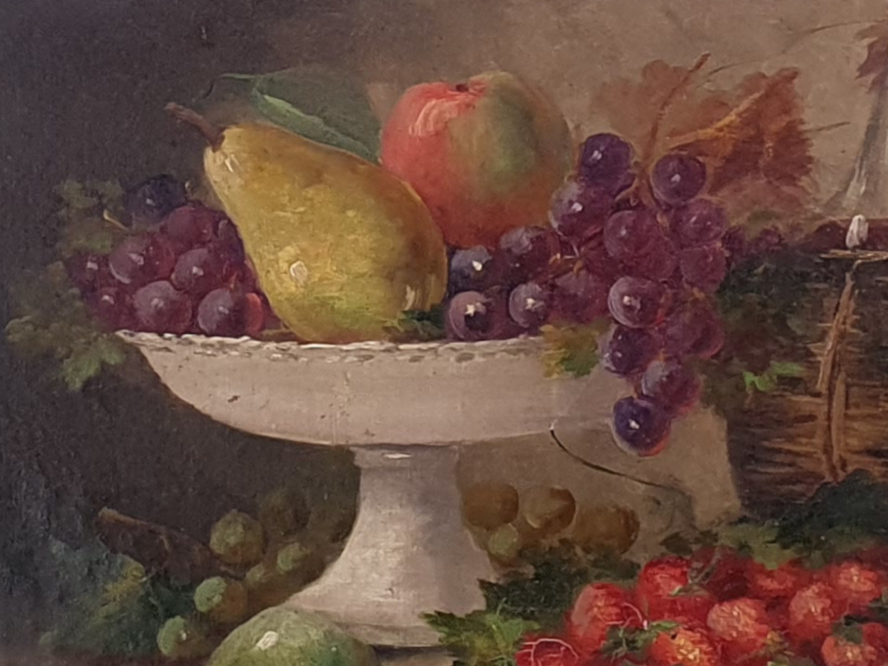 Antique oil Painting - 19th century French Still Life with fruit and wine