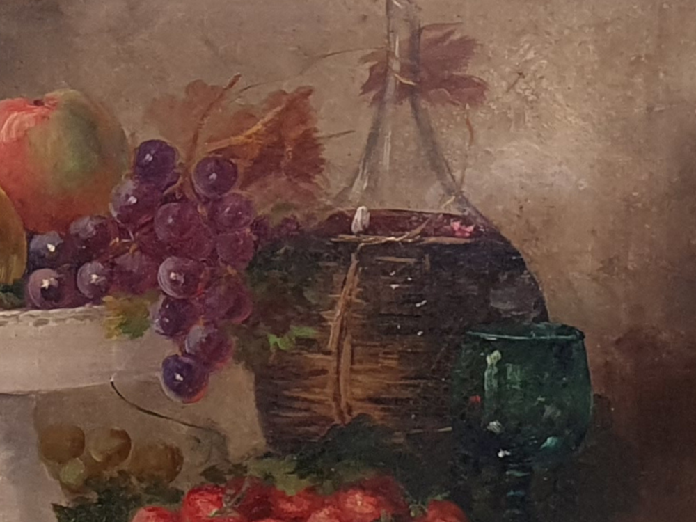 Antique oil Painting - 19th century French Still Life with fruit and wine