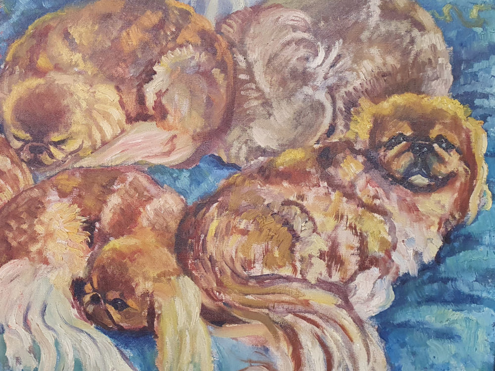 Antique oil painting of Pekingese Dogs