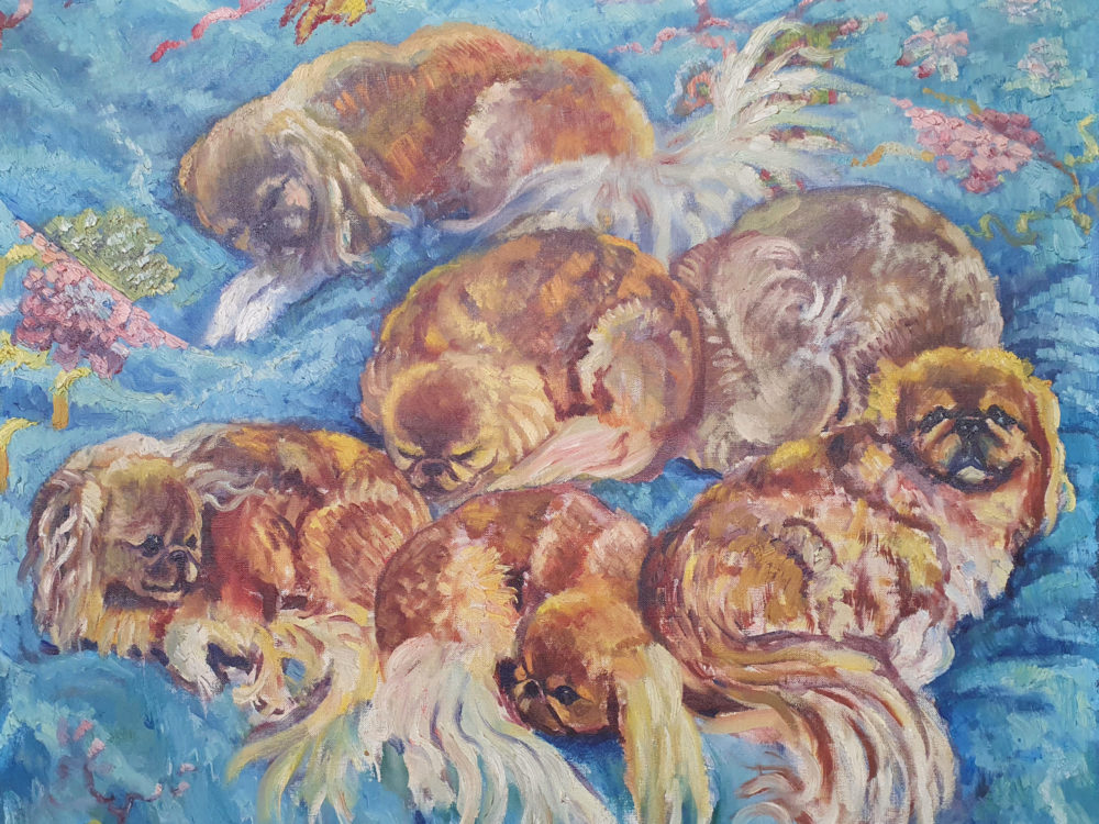 Antique oil painting of Pekingese Dogs