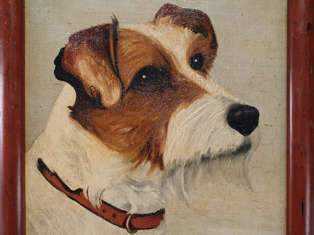 Antique oil painting - portrait of a Wire Haired Fox Terrier Dog