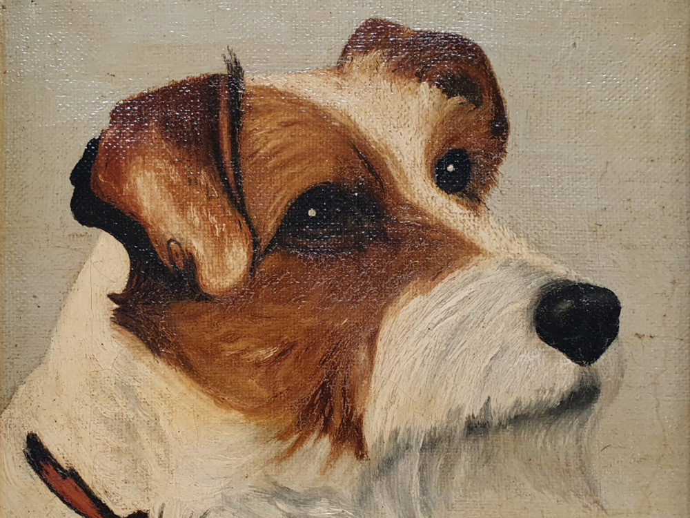 Antique oil painting - portrait of a Wire Haired Fox Terrier Dog