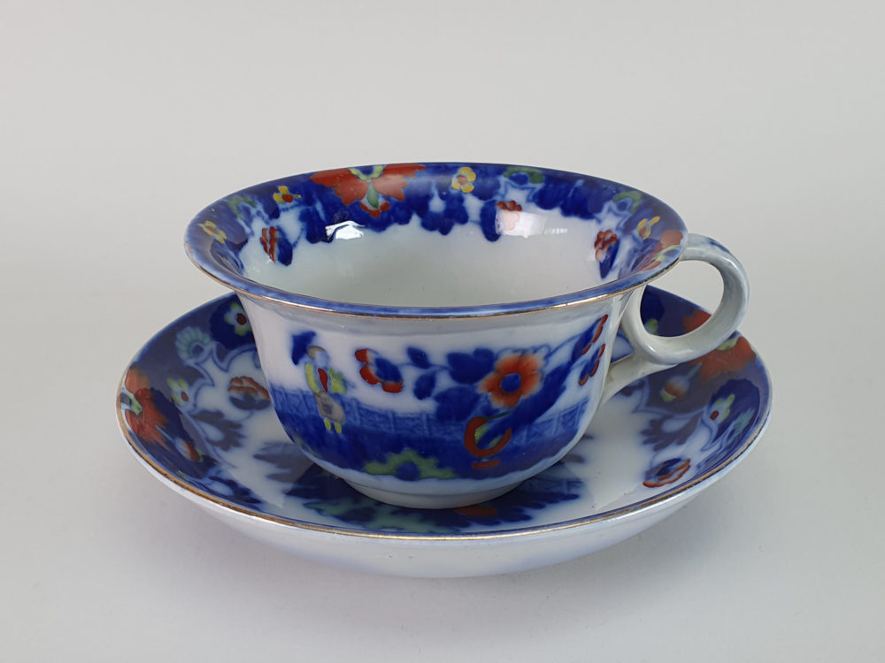 Antique Pekin oversized flow blue Cup and Saucer, Royal Staffordshire
