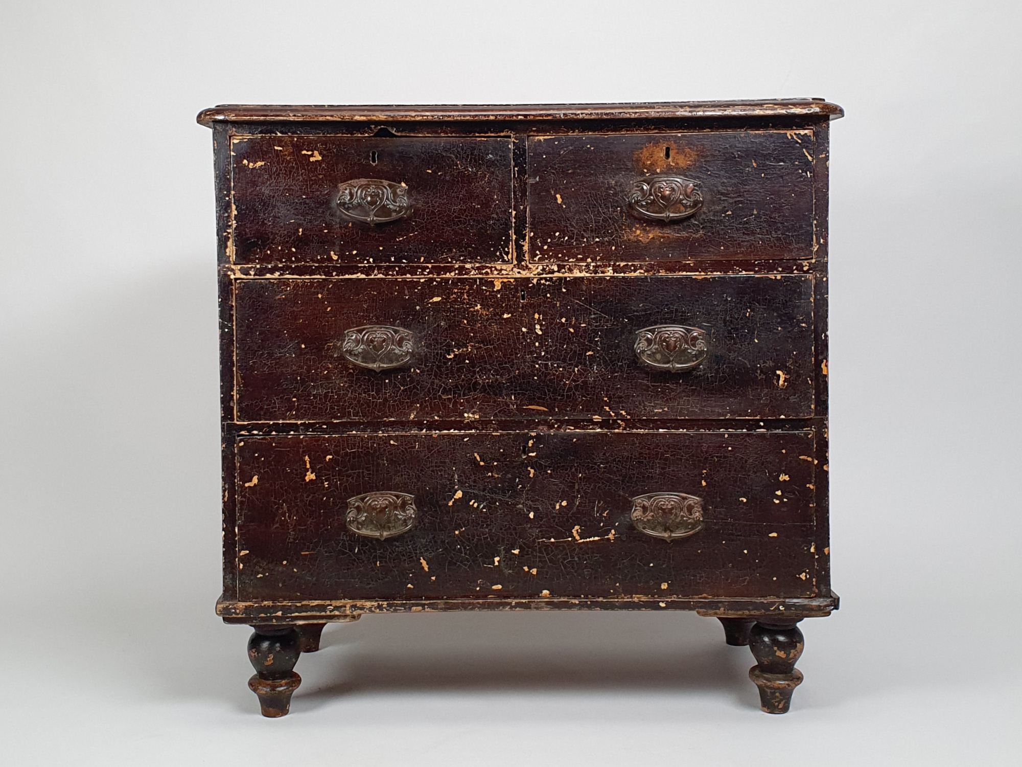 Antique Pine Chest of Drawers with Original Scumble Paint & Art Nouveau Handles, English c.1900