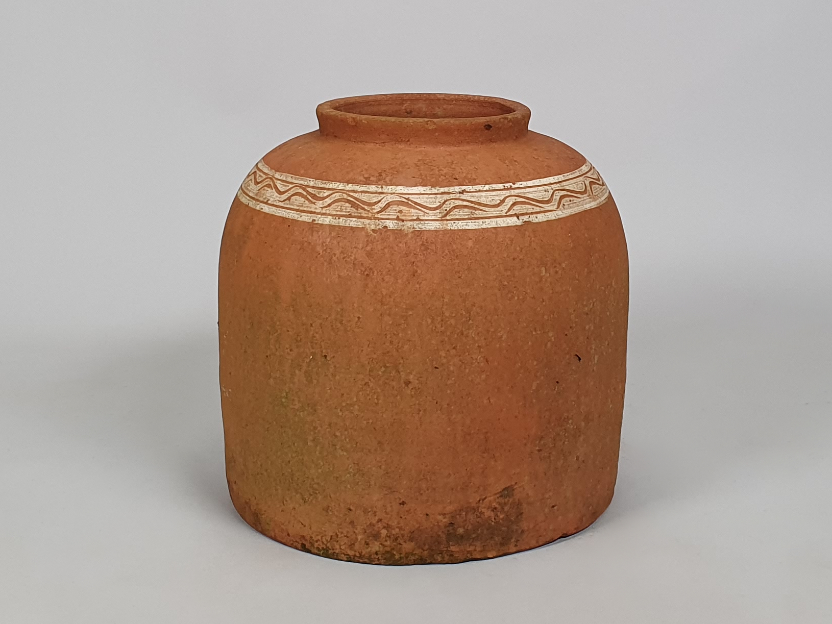 Antique terracotta rhubarb forcer with white slip decoration, Fareham