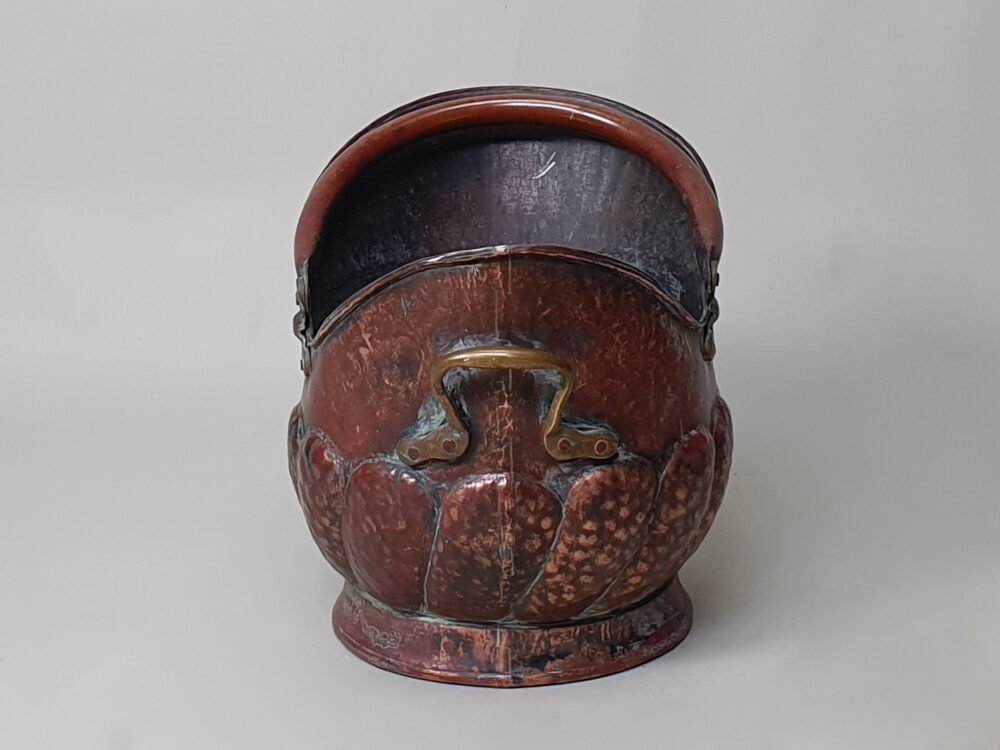 Antiuqe Art Nouveau Copper repoussé helmet Coal Scuttle