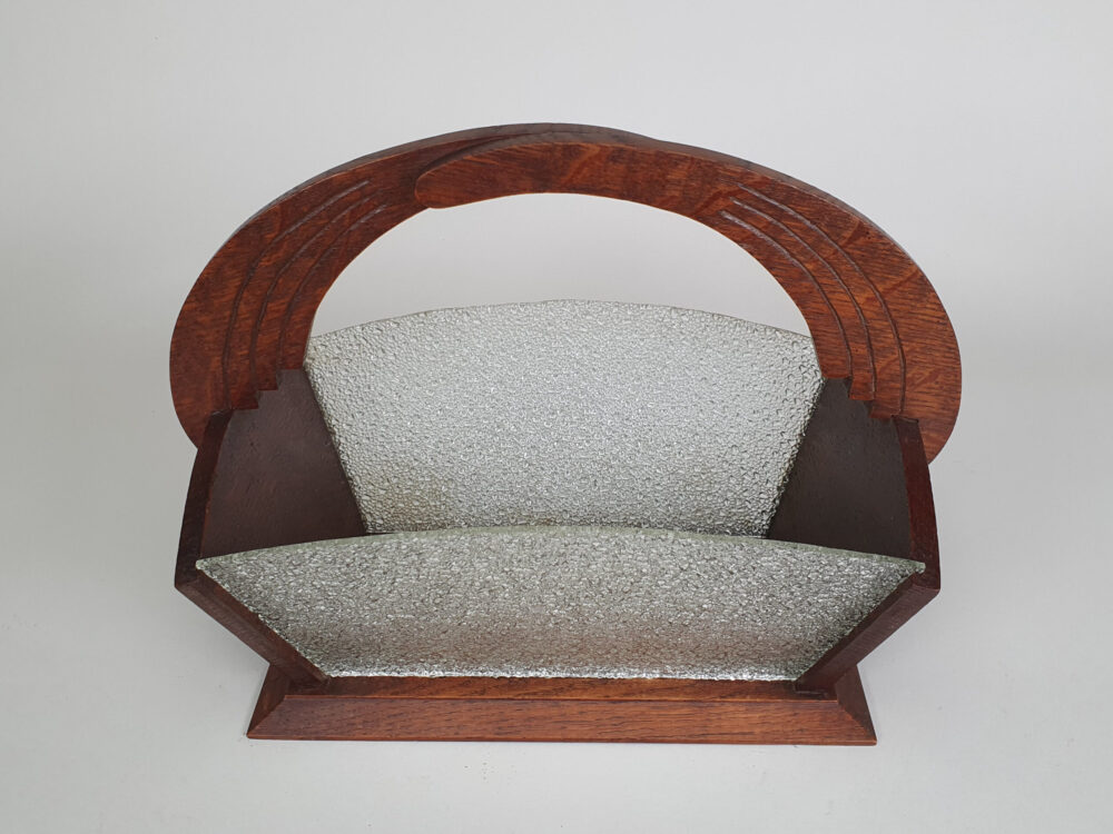 Art Deco oak and textured glass fruit basket