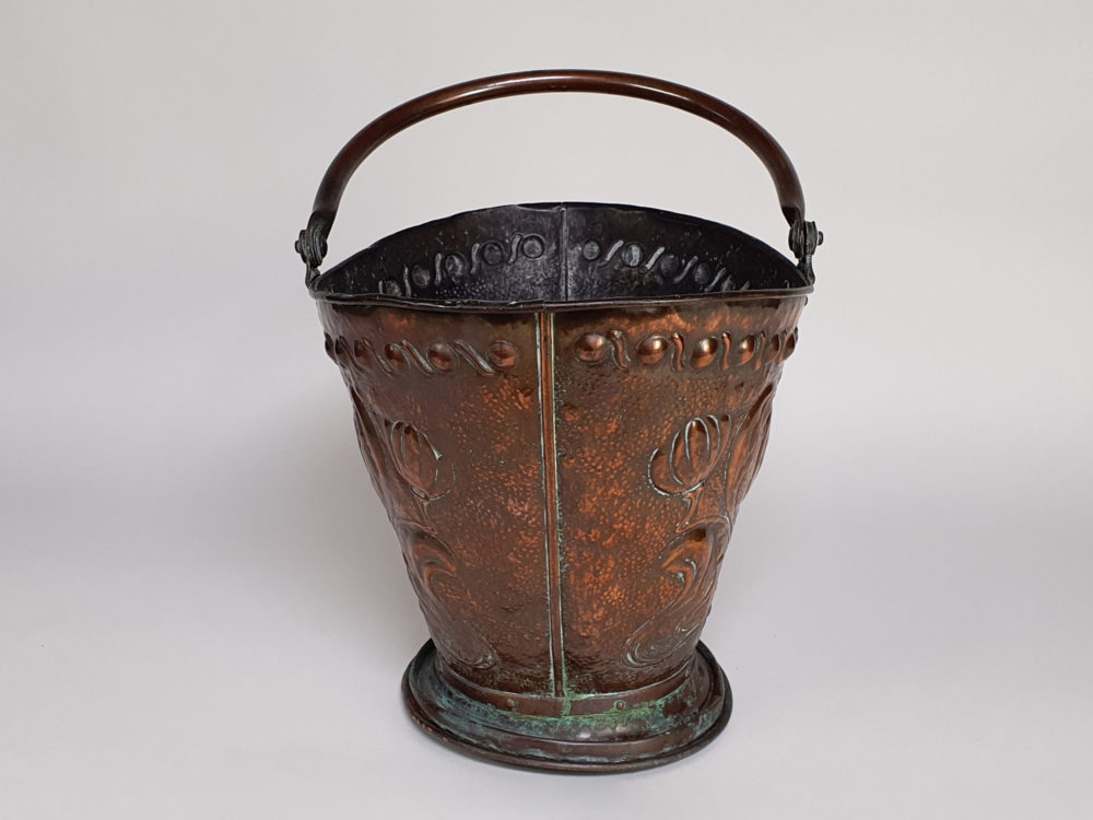 Art Nouveau copper repousse helmet Coal Scuttle