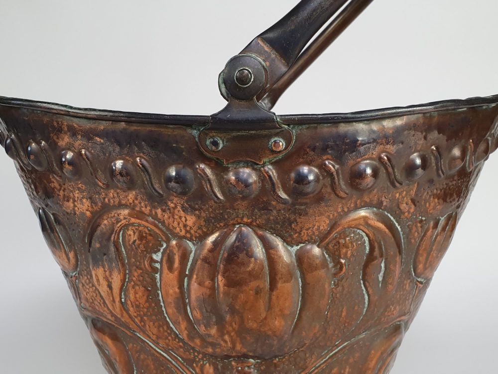 Art Nouveau copper repousse helmet Coal Scuttle