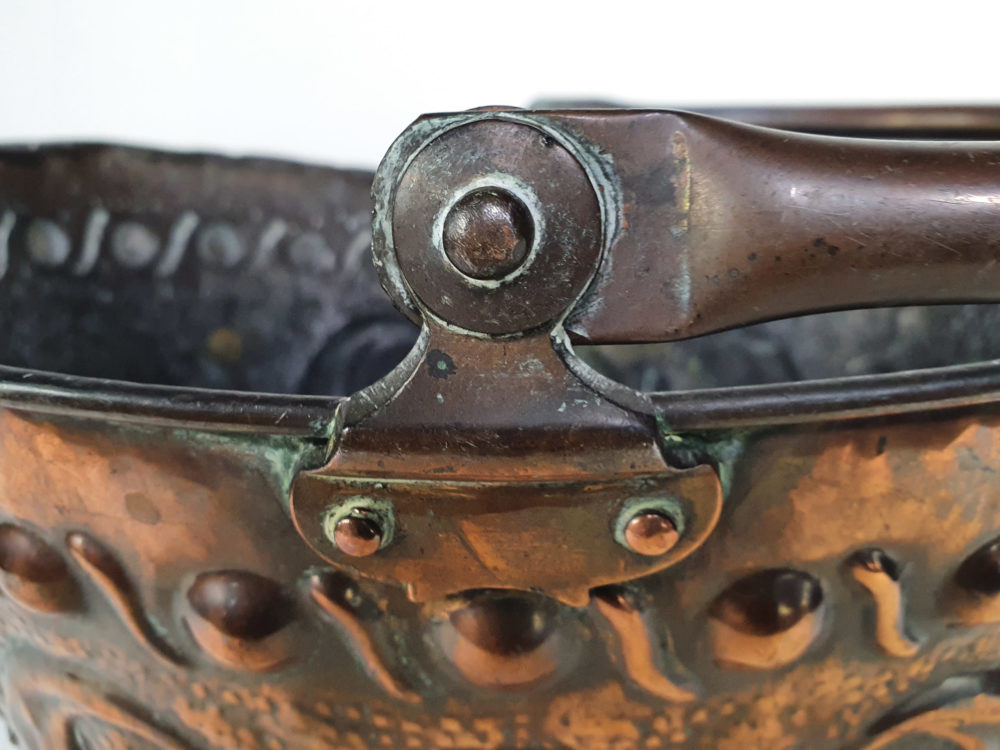 Art Nouveau copper repousse helmet Coal Scuttle