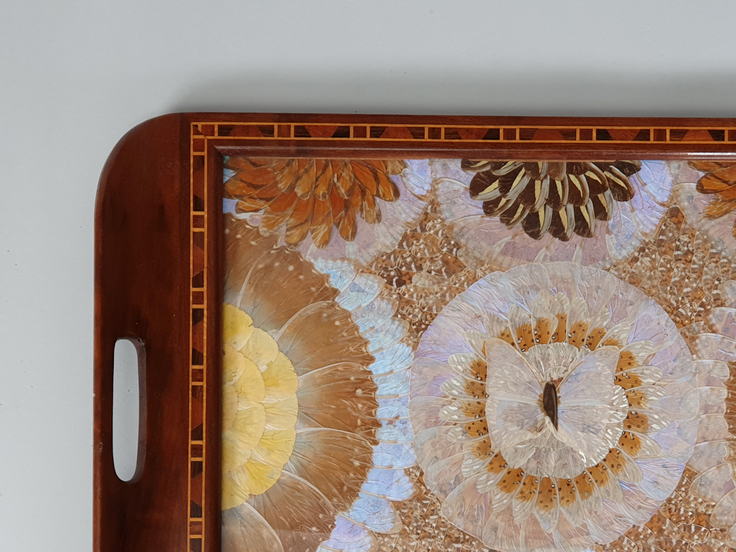 Decorative antique Brazilian Butterfly Tray showing mahogany edge