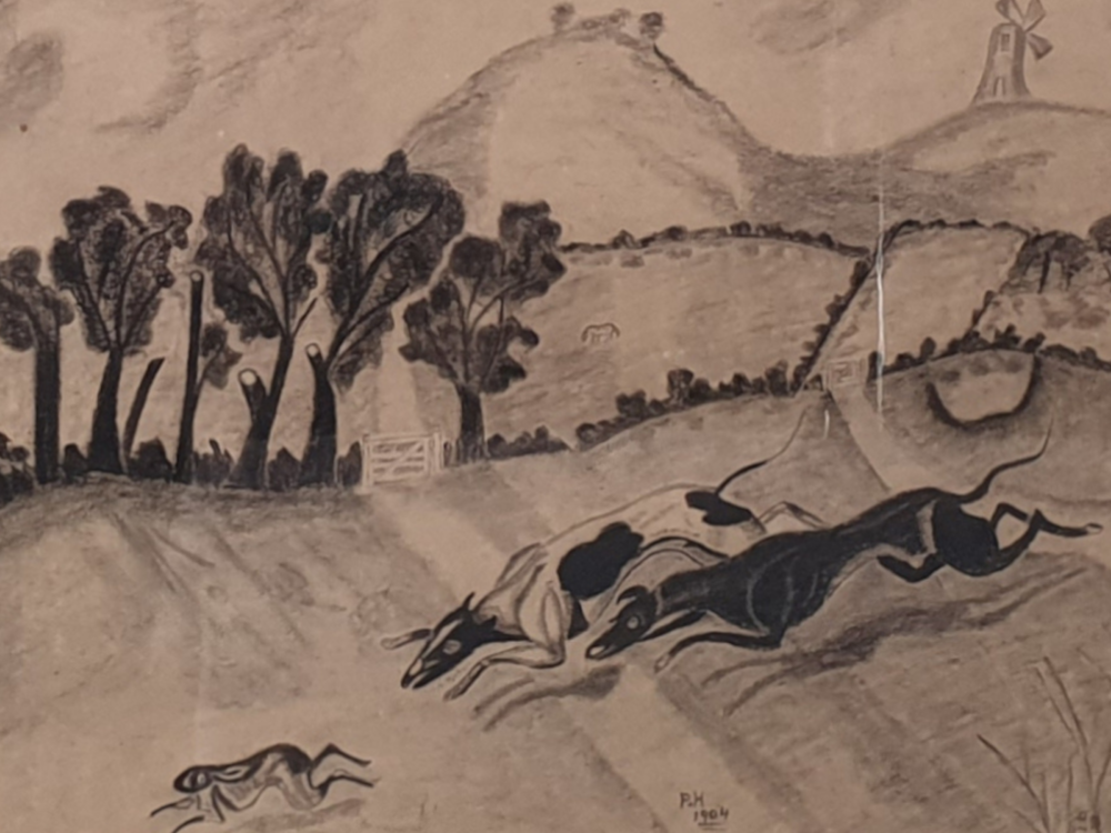 Decorative antique charcoal drawing of Hounds and a Rabbit dated 1904