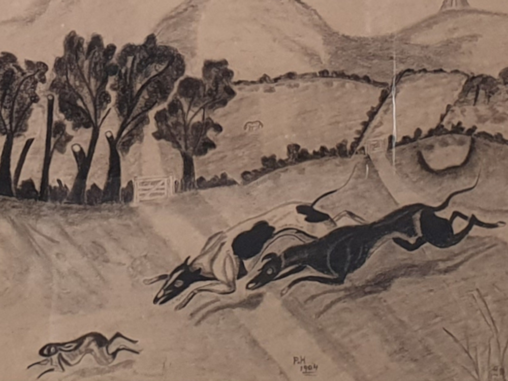 Decorative antique charcoal drawing of Hounds and a Rabbit dated 1904