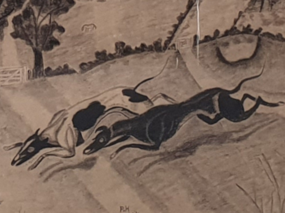 Decorative antique charcoal drawing of Hounds and a Rabbit dated 1904
