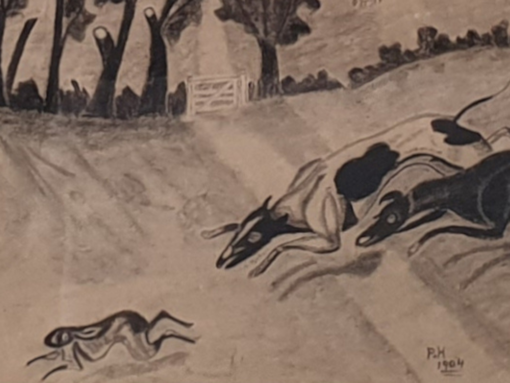 Decorative antique charcoal drawing of Hounds and a Rabbit dated 1904