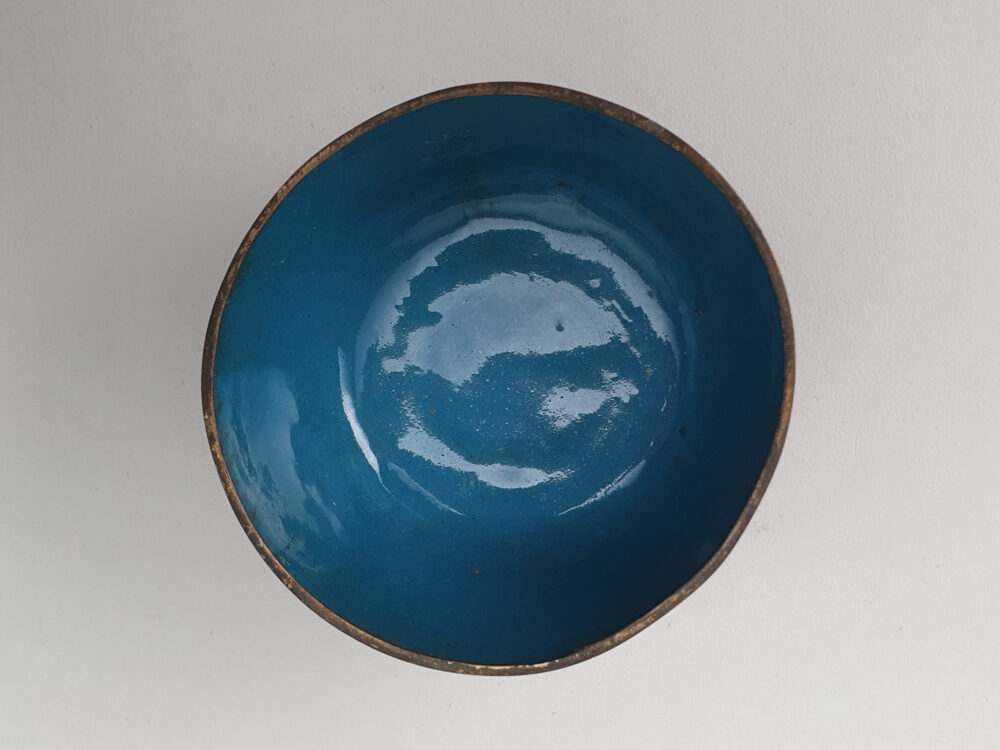Decorative antique Japanese Cloisonné black Bowl with pretty flowers & turquoise interior