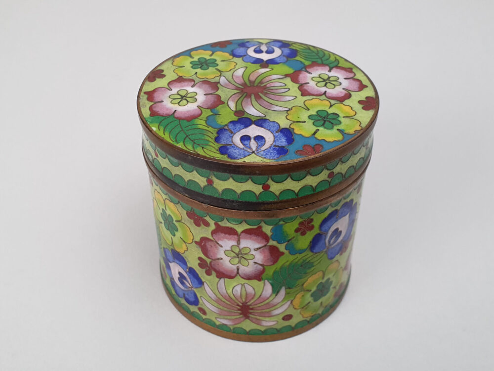 Decorative antique Japanese Cloisonné Tea Jar and Lid with green enamelling and a floral design